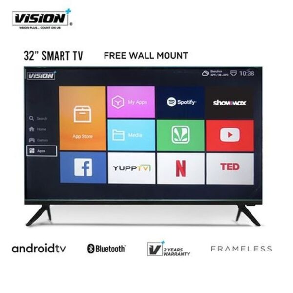 Vision Plus 32" HD Frameless Smart TV, DVB-T2/S2, Android +Free Wall Mount (2YRs WRTY)