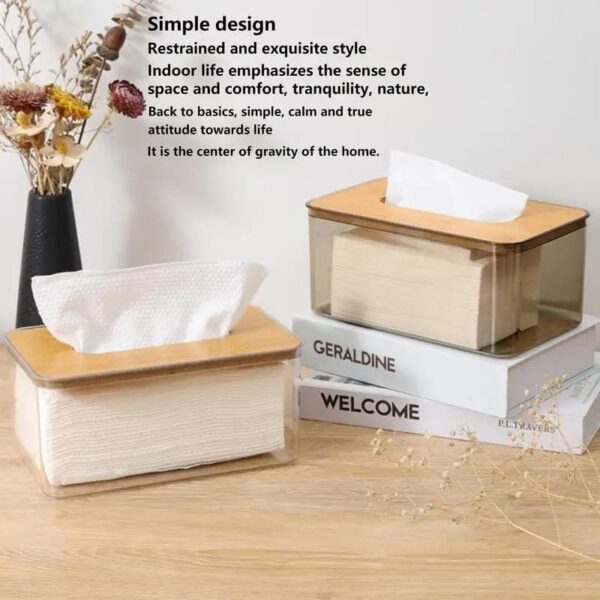 Acrylic transparent serviette holder with bamboo cover.