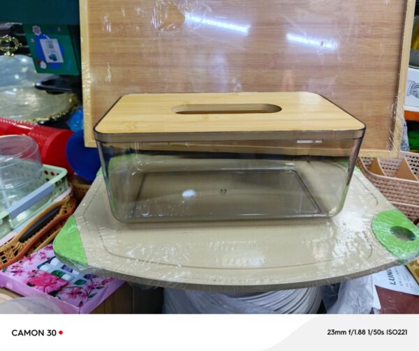 Acrylic transparent serviette holder with bamboo cover. - Image 4