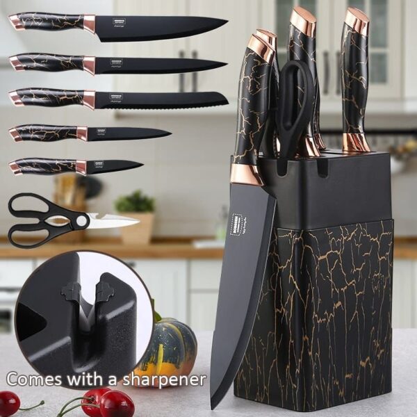 7PCs Set Marble Profile Knife Set with Block Stand, Ergonomic Handle & Non-stick Coating