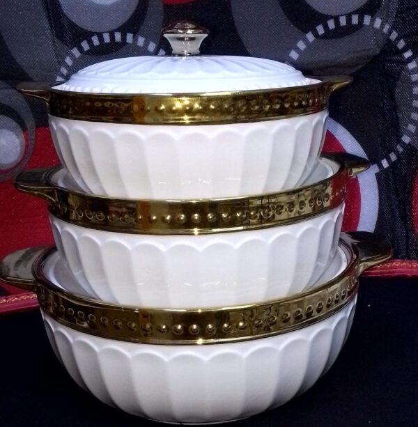 3 pcs ceramic soup pots with gold rings